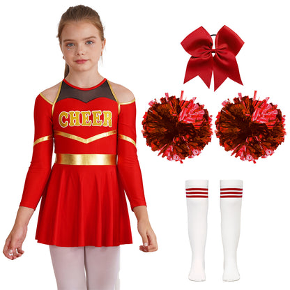 Kids Girls Cheerleader Costume Halloween Cheerleading Dress with Pom Poms Bow Hair Clip Socks Birthday Party Gifts