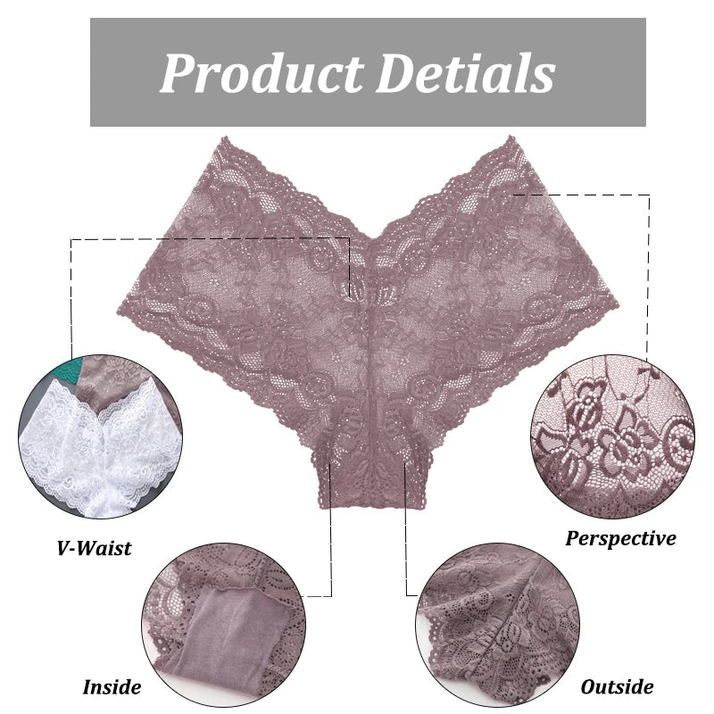 3PCS Women Floral Lace Panties Sexy Perspective Underwear V Waist Solid Color Underpants Female Breathable Intimates Lingerie