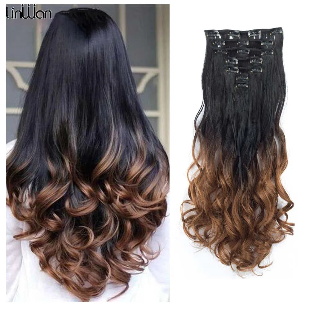 LINWAN Hair 22inch Ombre Hair Long Curly Hair Extension 16 Clips High Tempreture Synthetic Hairpiece Clip In Hair Extensions