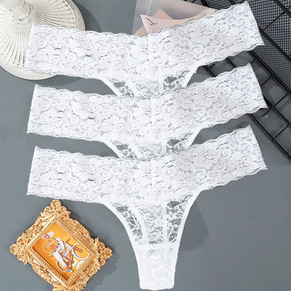 3PCS Lace Floral Women Panties Low Waist Breathable Briefs Female Thong Underwear M-2XL Solid Sexy G-String Transparent Panty