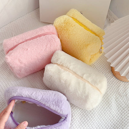 Cute Plush Makeup Bag for Women Zipper Large Solid Color Cosmetic Bag Travel Make Up Toiletry Bag Washing Pouch Plush Pen Pouch