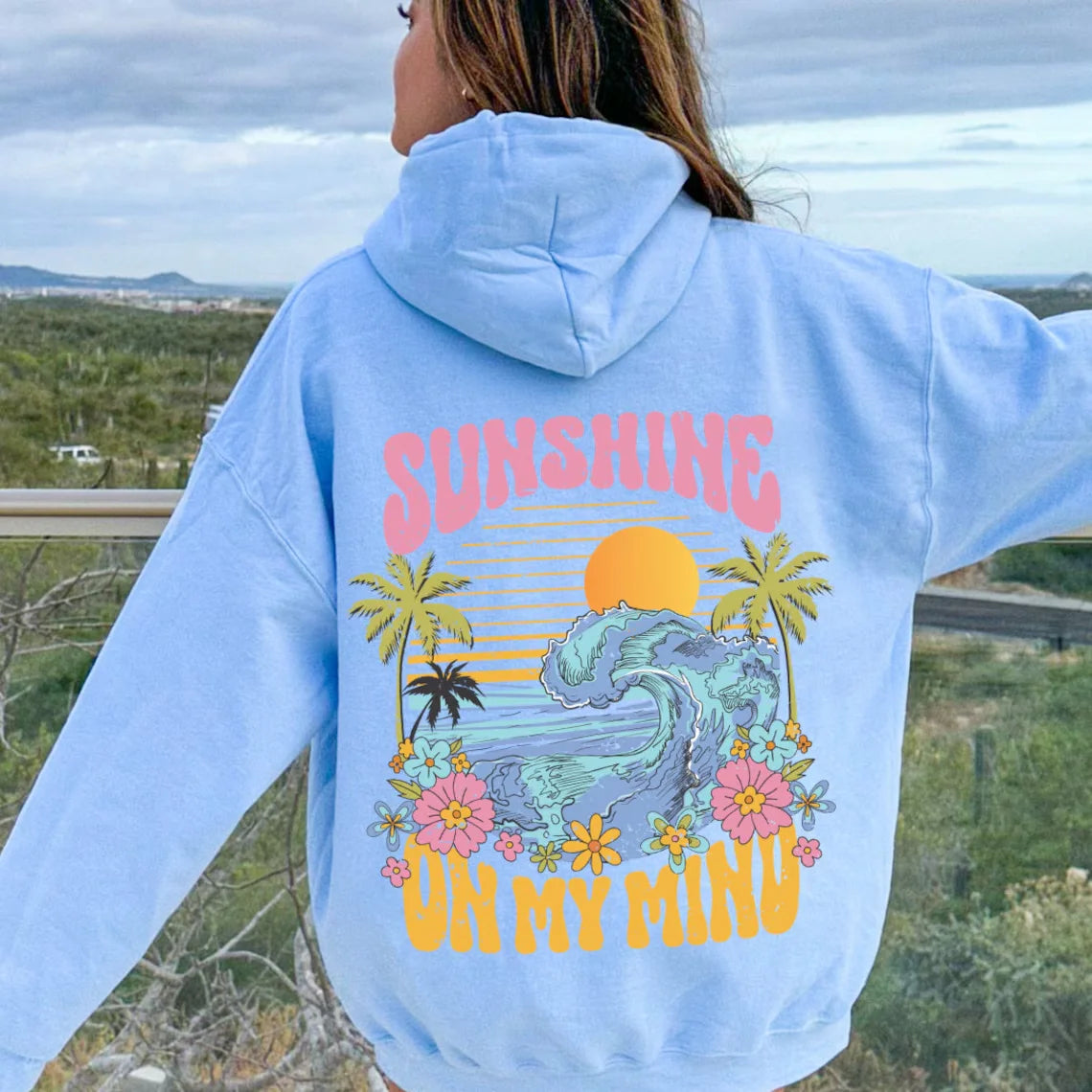 Beach Sunshine on my Mind Hoodie Sunset Oversize Hooded Sweatshirts Woman Aesthetic Long Sleeves Soft Crewneck Streetwear Clothe