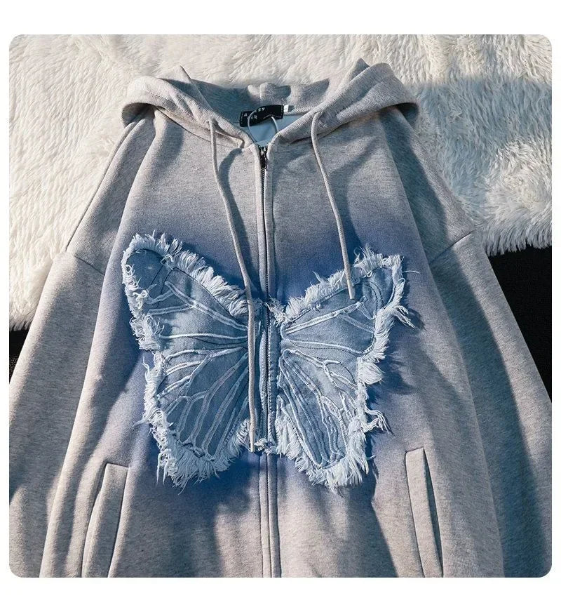 Street Popular Vintage Butterfly Patch Zipper Hoodies Women Y2K New Harajuku Casual Loose Sweatshirt Couple Fashion Joker Hoodie