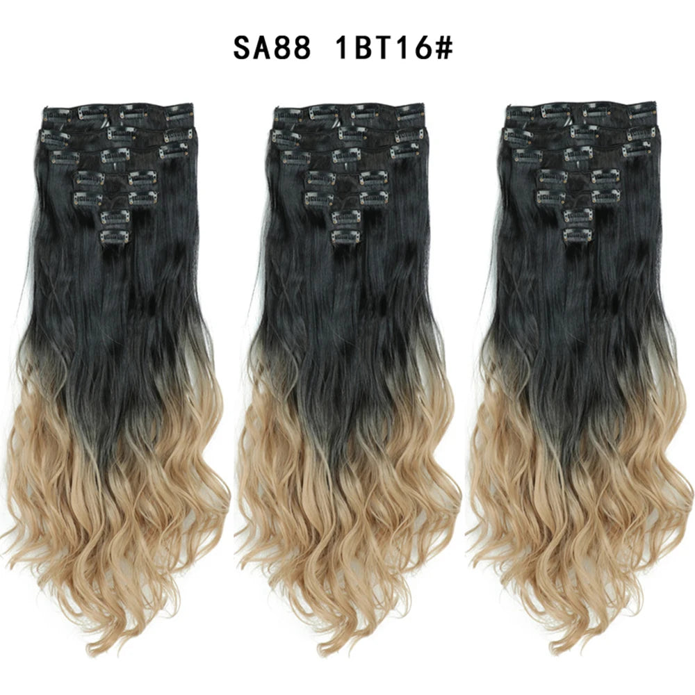 LINWAN Hair 22inch Ombre Hair Long Curly Hair Extension 16 Clips High Tempreture Synthetic Hairpiece Clip In Hair Extensions