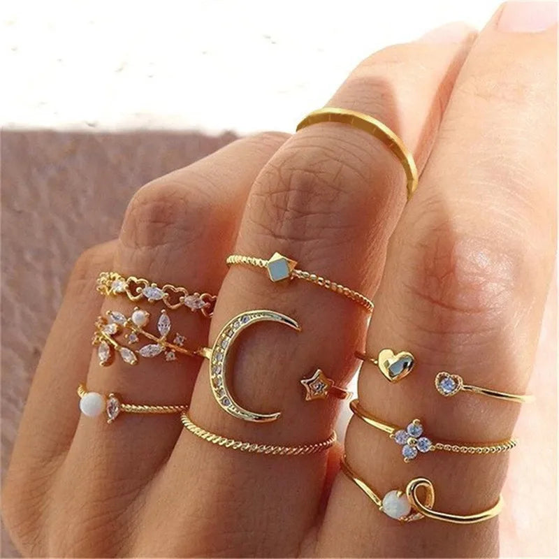 LETAPI 2024 New Fashion Bohemian Heart Ring Set For Women Crystal Stars Moon Flower Love Geometric Finger Vintage Jewelry Gifts