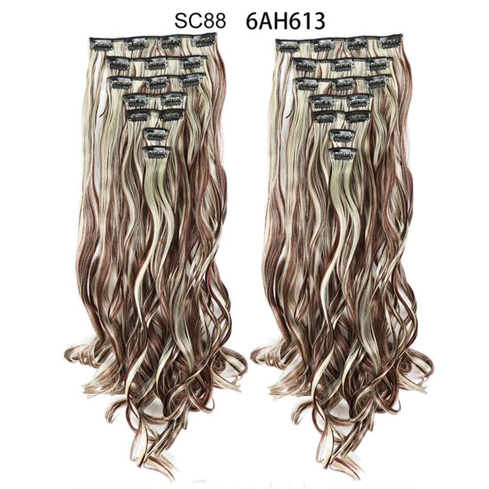 LINWAN Hair 22inch Ombre Hair Long Curly Hair Extension 16 Clips High Tempreture Synthetic Hairpiece Clip In Hair Extensions