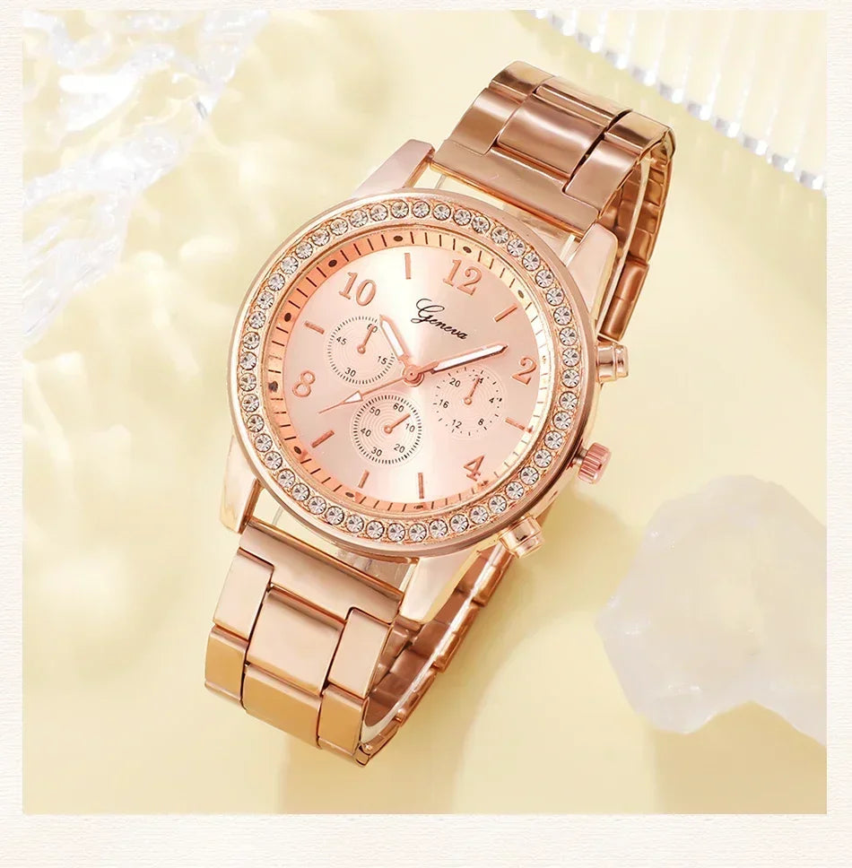 6PCS Set Rose Gold Luxury Watch Women Ring Necklace Earring Rhinestone Fashion Wristwatch Casual Ladies Bracelet Watches