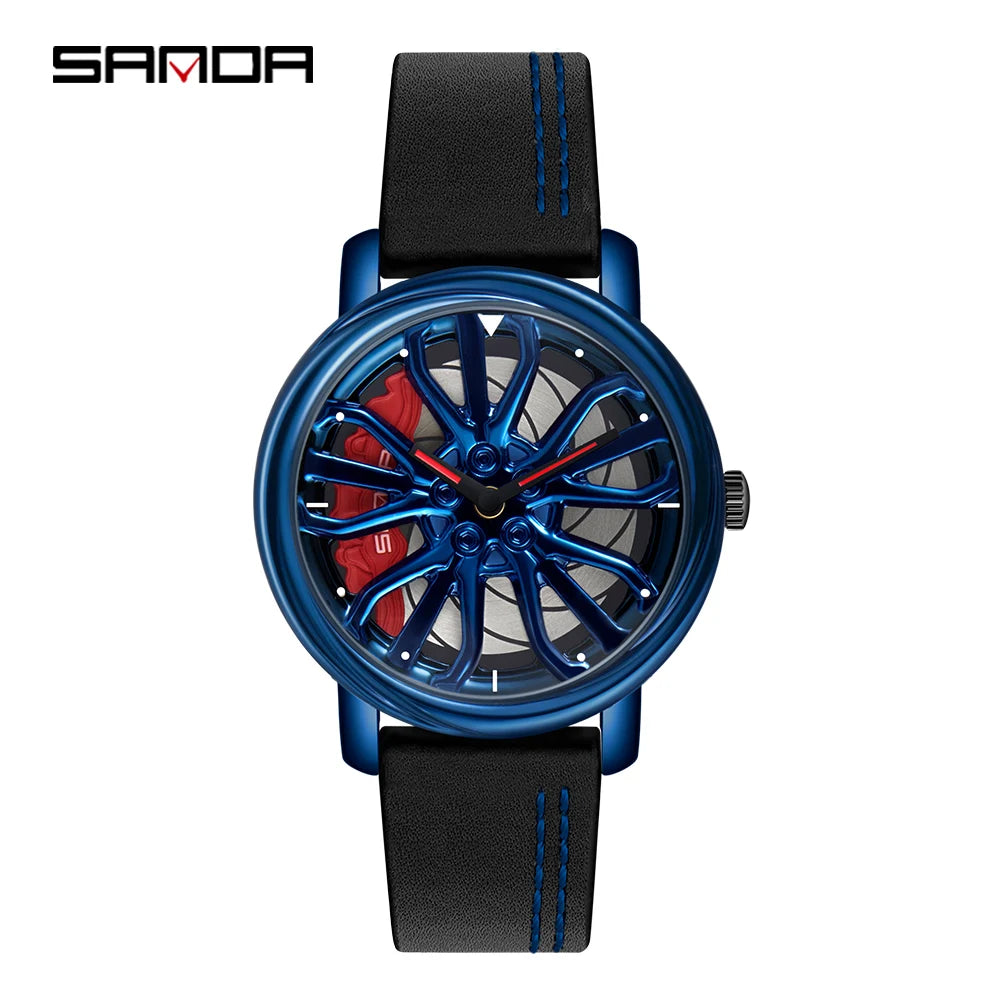 Sanda Hot Sell Fashion Sports Men WristWatch 360 Degree Rotating Car Wheel Quartz Watch Stainless Steel Waterproof Rim Hub Clock