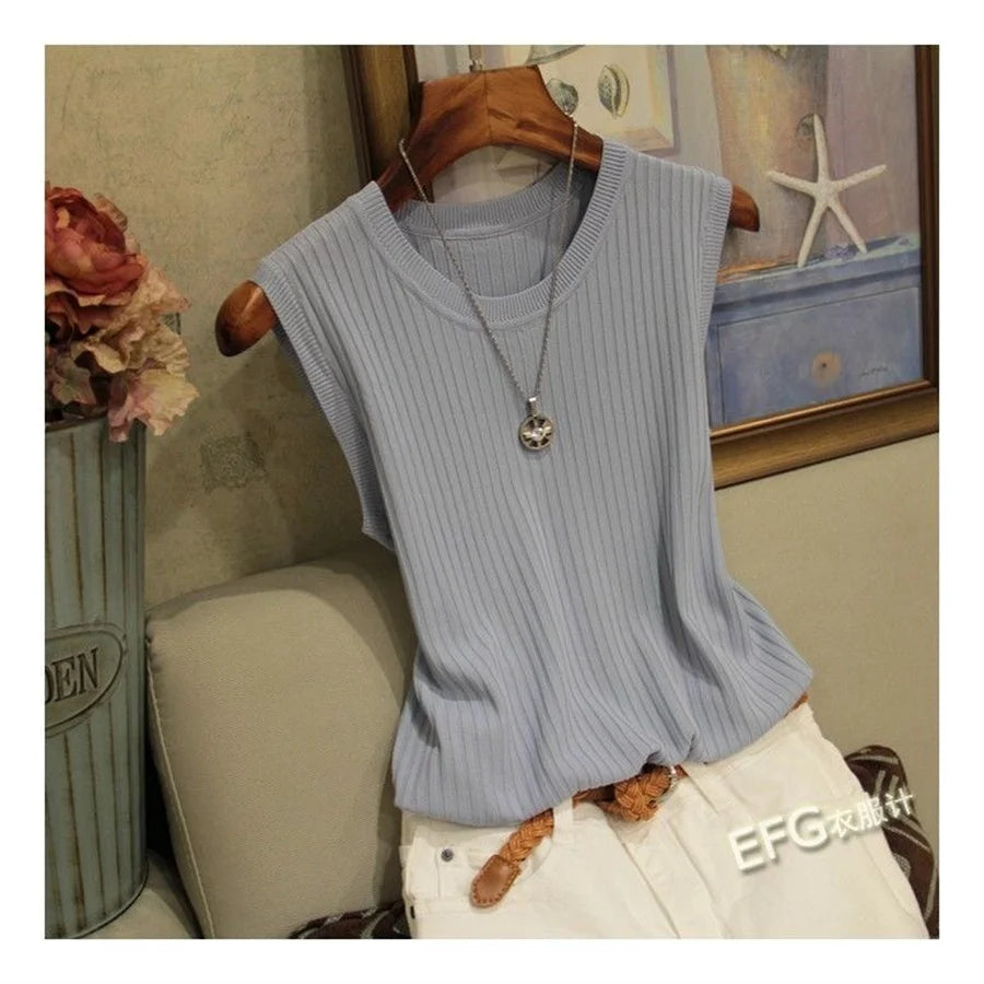 Sleeveless O-neck Knitted Blouse Shirt