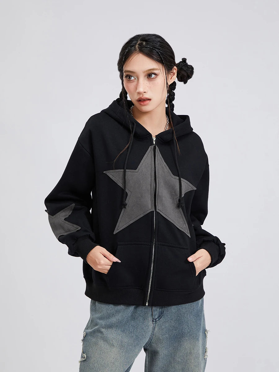 Y2K Vintage Star Print Hooded Hoodie for Women Casual Loose Long Sleeve Zip Up Drawstring Sweatshirts Autumn Spring Coat Street