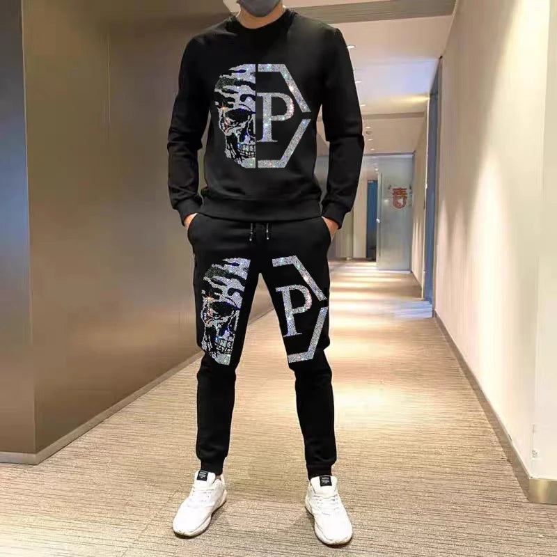 Men's Sets Hot drill Hoodie+Pants Two Pieces Casual Tracksuit Male Sportswear Brand Clothing Sweat Suit New Rhinestone