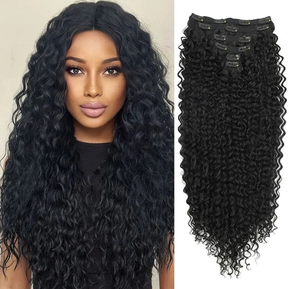 Synthetic Curly Clip-In Hair Extensions For Women Weave 4PCS Full Head Organic Fake Hair Ombre Brown Blonde Thick Hairpieces