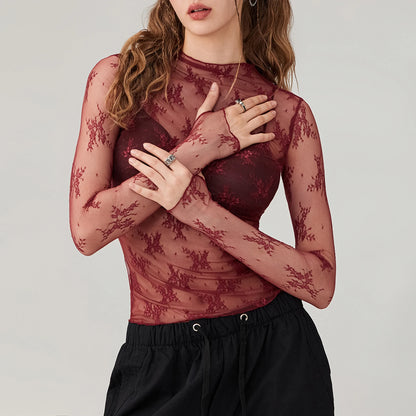 Sexy Lace Tops See Through Mesh Long Sleeve Crop Top Floral Sheer Fitted Tees Y2k Women Top Shirt Blouse