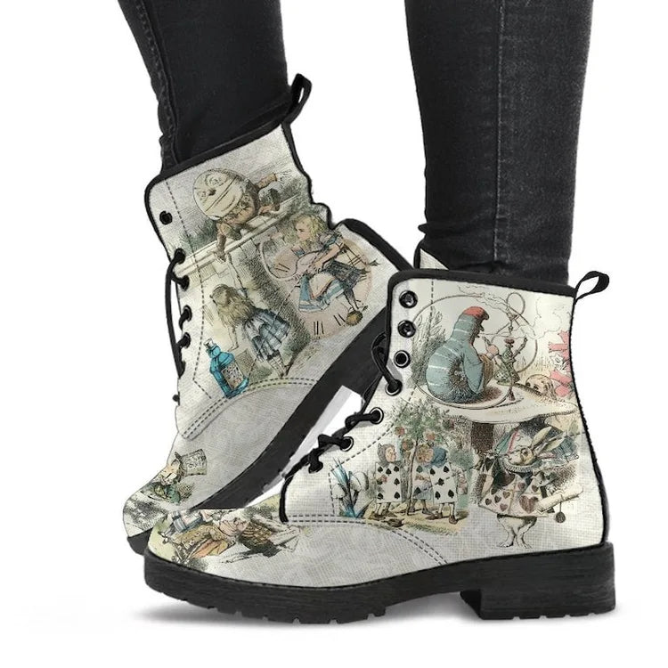 Women Ankle Boots Low Heels Shoes Woman Vintage PU Leather Autumn Warm Winter High Snow Boots 2022 Skull Flower Print Boots