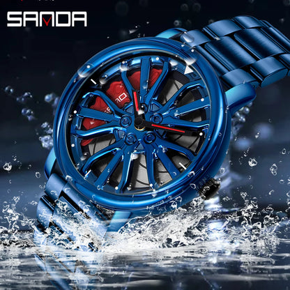 Sanda Hot Sell Fashion Sports Men WristWatch 360 Degree Rotating Car Wheel Quartz Watch Stainless Steel Waterproof Rim Hub Clock