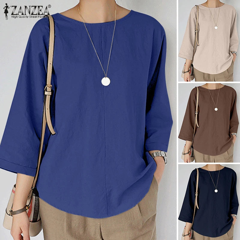 ZANZEA Spring Summer Women Blouse Casual 3/4 Sleeve O Neck Shirt Solid Baggy Tunic Tops Vintage OL Work Blusas Femme Chemise