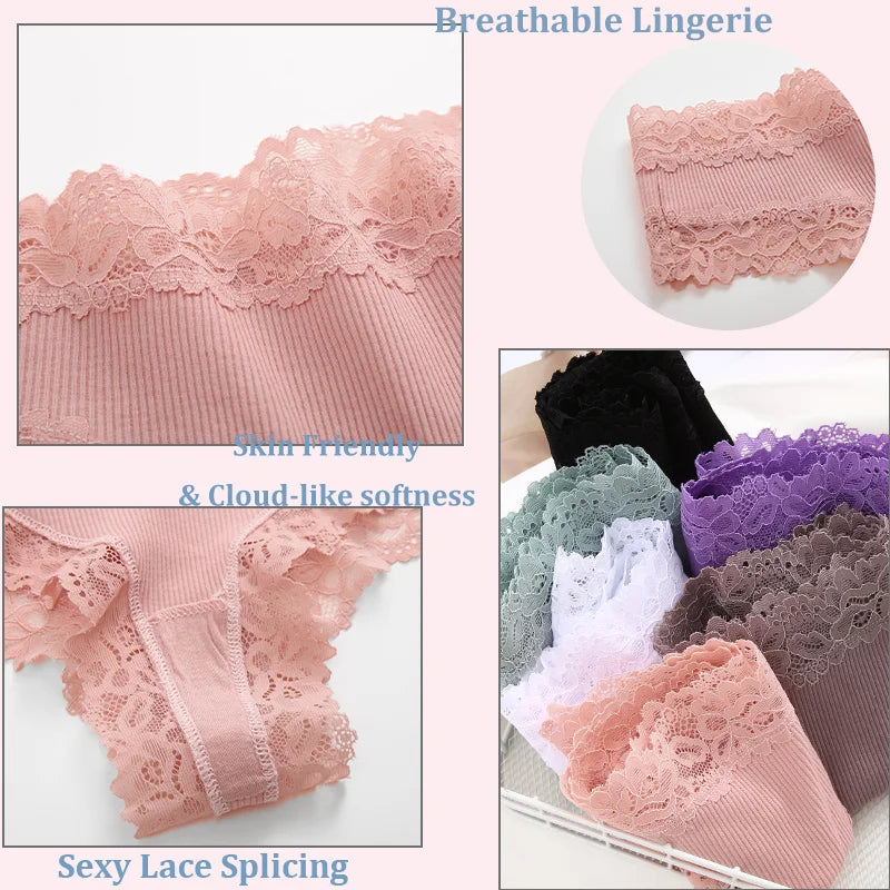 3PCS Lace Seamless Cotton Panties Ribbed Brazilian Pants Low Waist Women Panties Breathable Girls Underwear Plus Size Lingerie