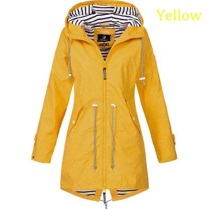 Fashionable women's windproof and waterproof trench coat Long sleeved coat Casual pants Zipper hooded raincoat S~5XL