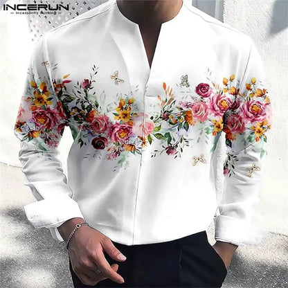 Men Shirt Floral Printing V Neck Long Sleeve Loose Streetwear Casual Men Clothing 2023 Fashion Leisure Camisas S-5XL INCERUN