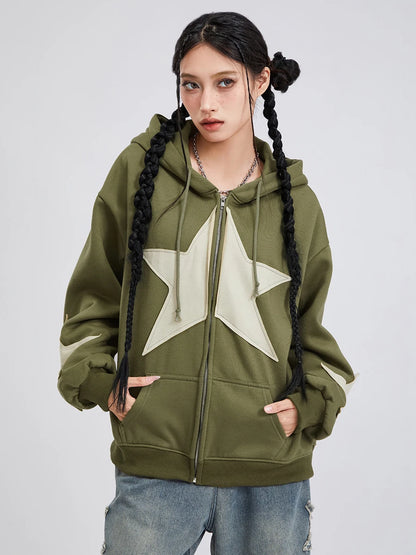 Y2K Vintage Star Print Hooded Hoodie for Women Casual Loose Long Sleeve Zip Up Drawstring Sweatshirts Autumn Spring Coat Street