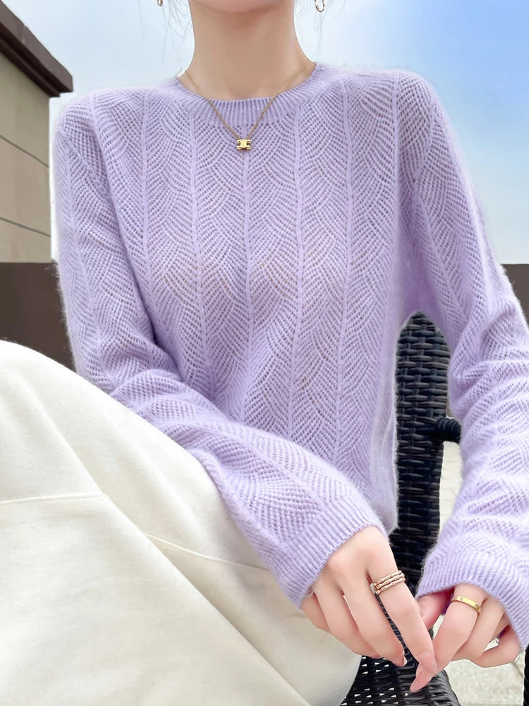 Women’s 100% Merino Wool Sweater Pullovers Hollow Out O-neck Cashmere Autumn Winter Long Sleeve Solid Grace Fashion Clothing Top