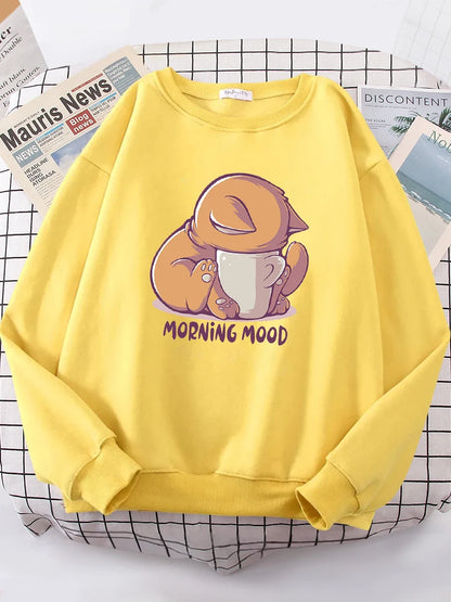 Cat Is Looking At The Cup Lovely Sweatshirt Female Fashion Fleece Hoody Crewneck Casual Hoodies Pullover Oversize Sportswear