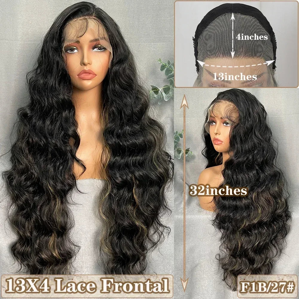 X-TRESS Long Straight Layered Wigs 13X4 Lace Frontal Free Part Synthetic Hair Wig with Baby Hair For Women 32inch Black Colored