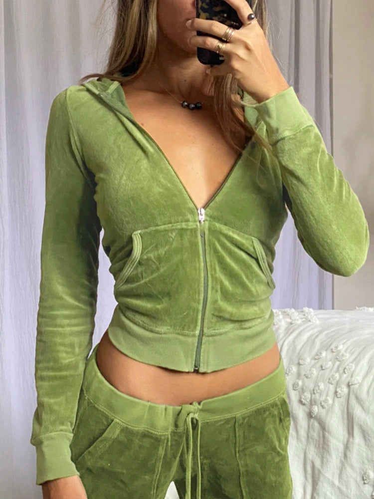 Sweetown Pink Sweet Cute Velvet Y2K Crop Hoodies Women Zip Up Hooded Jacket Pullover Vintage Aesthetic Casual Green Sweatshirts