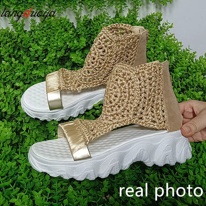 gold Knitted Woolen Sandals woman summer 2025 New Braided Elastic Shoes Mesh Flat Bottom Hollow Out Female Sandals Mujer