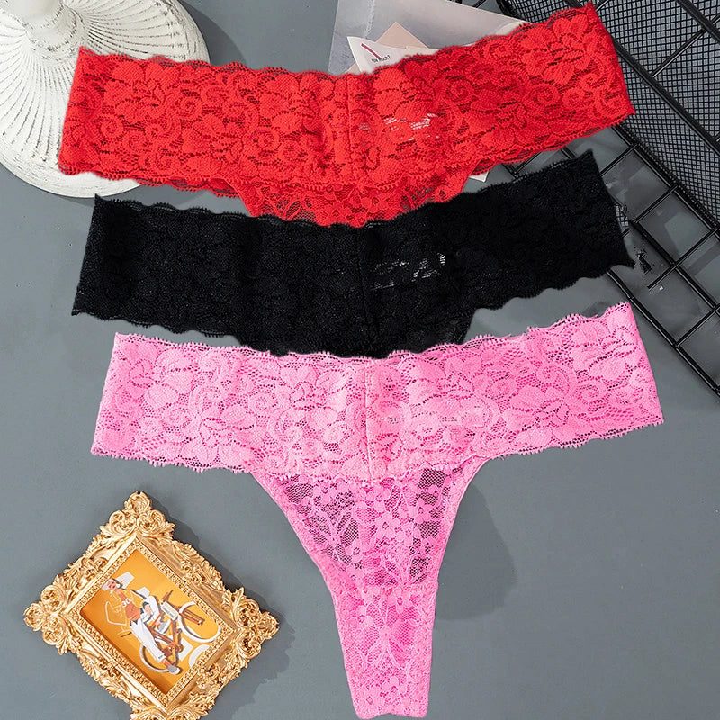 3PCS Lace Floral Women Panties Low Waist Breathable Briefs Female Thong Underwear M-2XL Solid Sexy G-String Transparent Panty