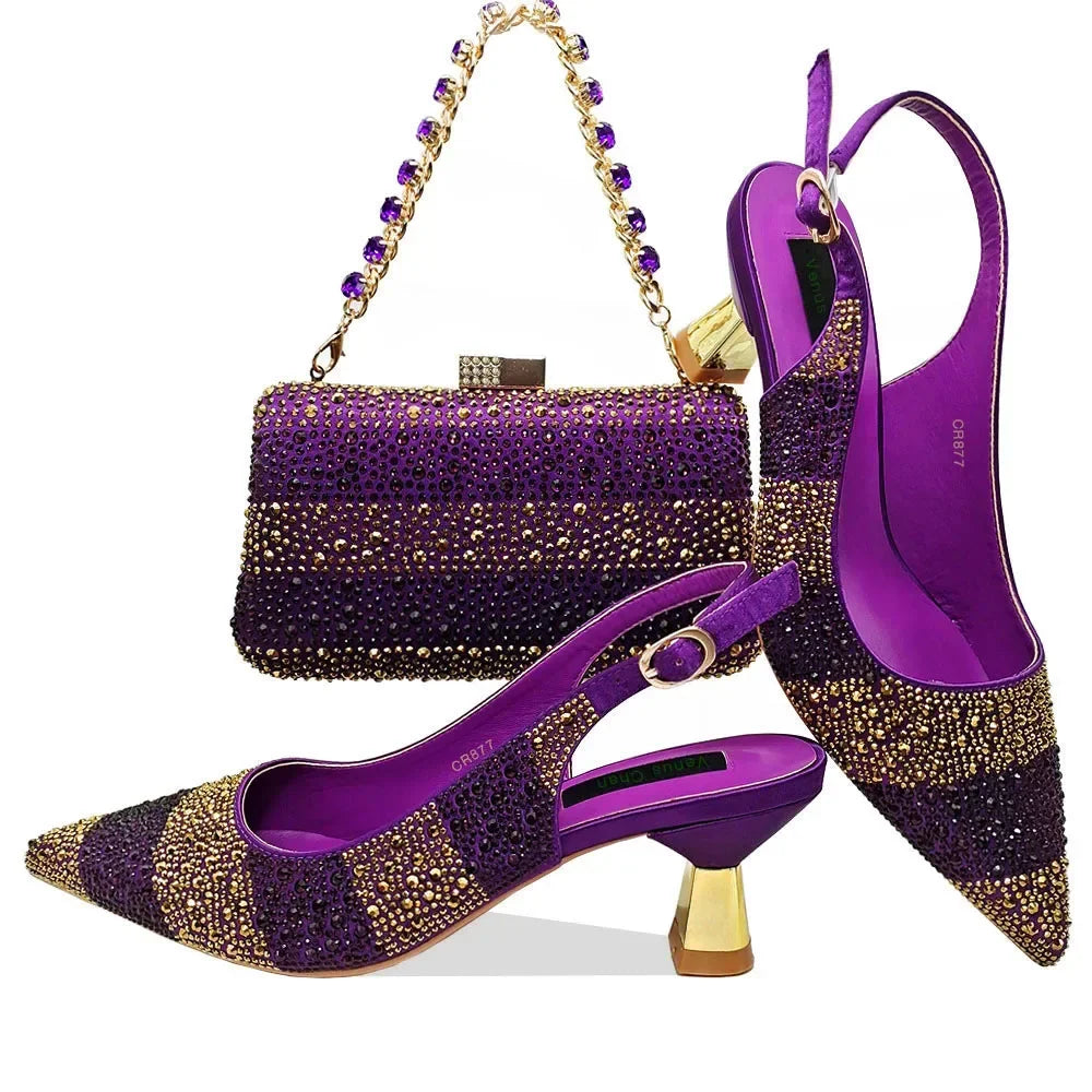 Venus Chan Italian Design Rhinestone-encrusted Ladies Party Shoes And Special Bag High Heels And Dual Purpose Bag Women's Shoes