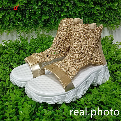 gold Knitted Woolen Sandals woman summer 2025 New Braided Elastic Shoes Mesh Flat Bottom Hollow Out Female Sandals Mujer