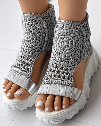 gold Knitted Woolen Sandals woman summer 2025 New Braided Elastic Shoes Mesh Flat Bottom Hollow Out Female Sandals Mujer