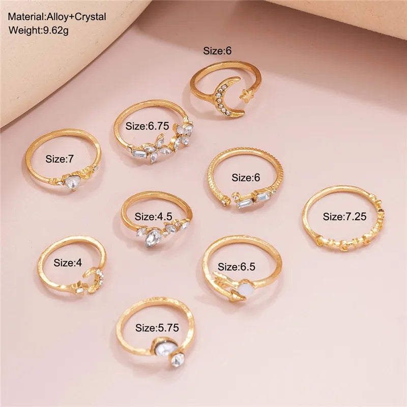 LETAPI 2024 New Fashion Bohemian Heart Ring Set For Women Crystal Stars Moon Flower Love Geometric Finger Vintage Jewelry Gifts