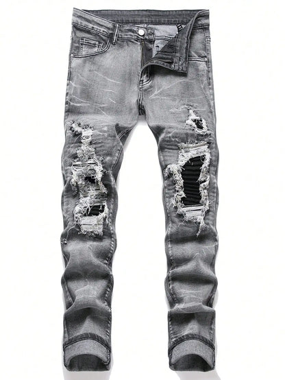 Men‘s Stretchy Denim Jeans Streetwear Tearing Patchwork Holes Ripped Denim Elastic Waist Casual Pants Slim fit Straight Trousers