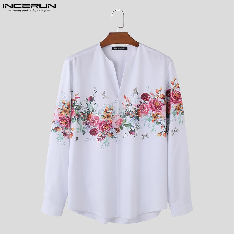 Men Shirt Floral Printing V Neck Long Sleeve Loose Streetwear Casual Men Clothing 2023 Fashion Leisure Camisas S-5XL INCERUN