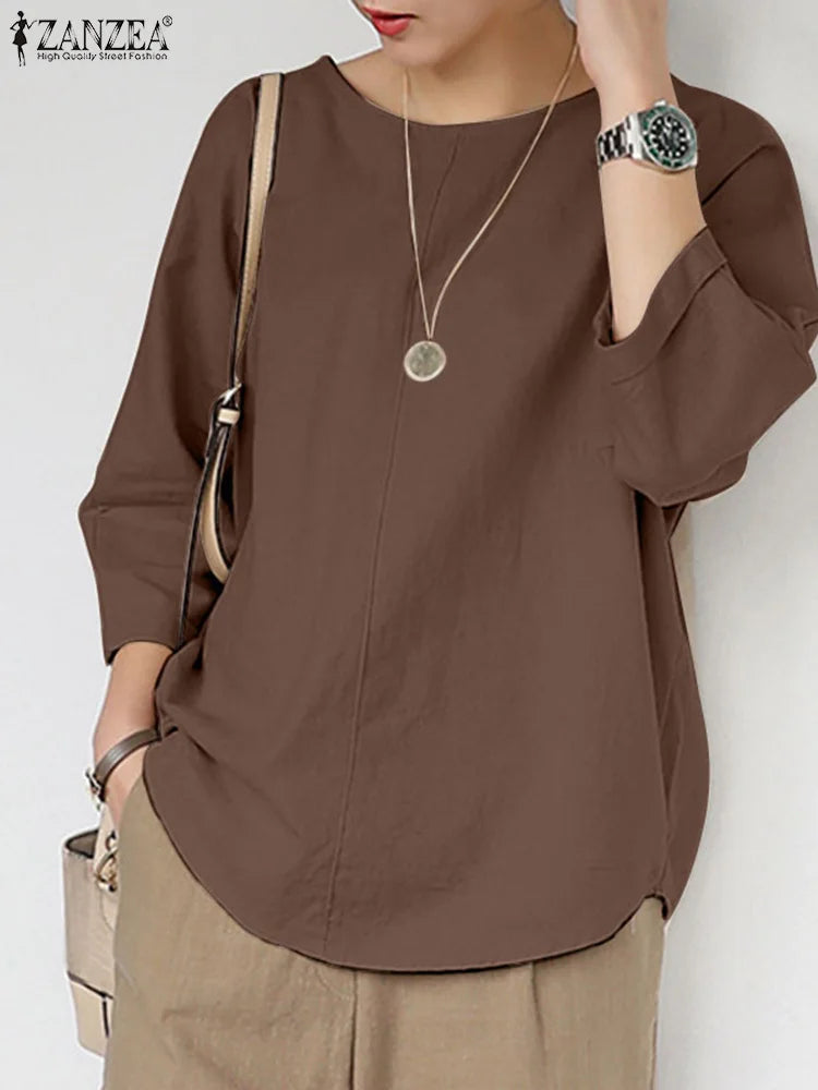 ZANZEA Spring Summer Women Blouse Casual 3/4 Sleeve O Neck Shirt Solid Baggy Tunic Tops Vintage OL Work Blusas Femme Chemise