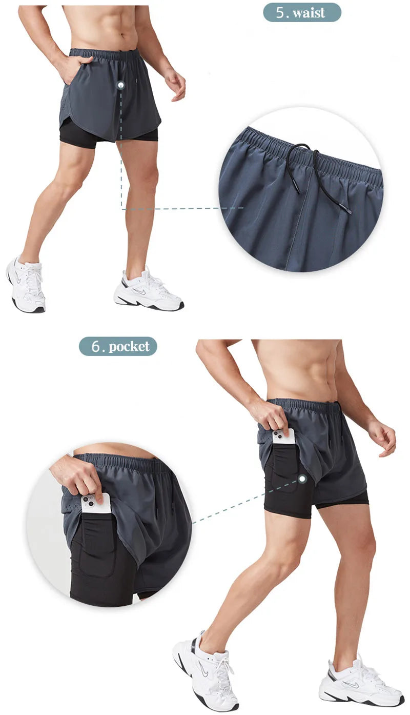 Men's Running Shorts Quick-drying Fitness Black Double Layer Shorts Men New Sport Workout Training Bodybuilding Short Pants