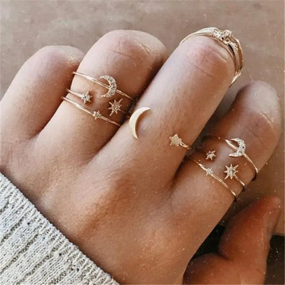 LETAPI 2024 New Fashion Bohemian Heart Ring Set For Women Crystal Stars Moon Flower Love Geometric Finger Vintage Jewelry Gifts