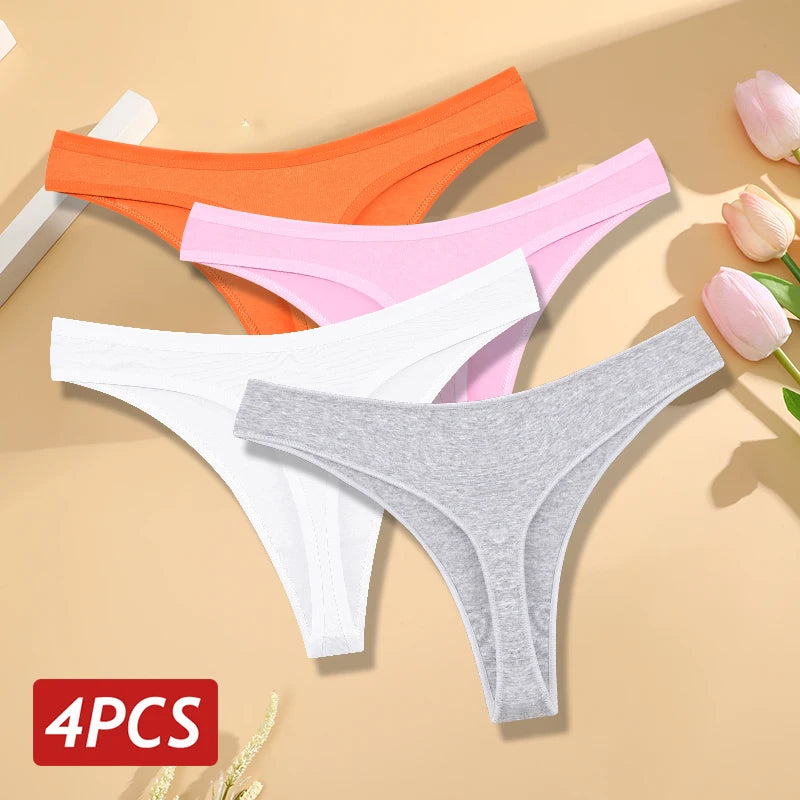 4PCS/Set Women Cotton Panties Seamless Low Rise Thongs V-Waist Solid Color Breathable Underwear Female Soft Lingerie Intimates