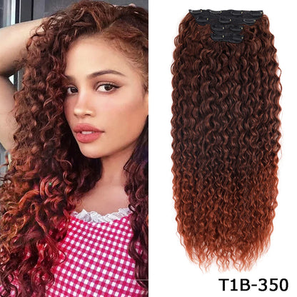 Synthetic Curly Clip-In Hair Extensions For Women Weave 4PCS Full Head Organic Fake Hair Ombre Brown Blonde Thick Hairpieces