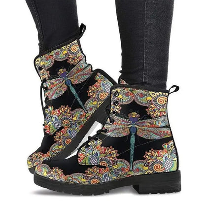 Women Ankle Boots Low Heels Shoes Woman Vintage PU Leather Autumn Warm Winter High Snow Boots 2022 Skull Flower Print Boots