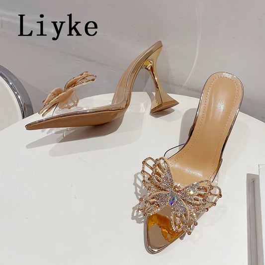 Liyke PVC Transparent Slippers For Women Fashion Rhinestone Bowknot Summer Sandals Pointed Toe Clear High Heels Party Prom Shoes