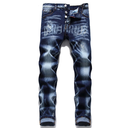 Light Luxury Men’s Slim-fit Stretch Blue Denim Pants,Printing Decors Scratches Ripped Casual Jeans,Stylish Sexy Street Jeans;