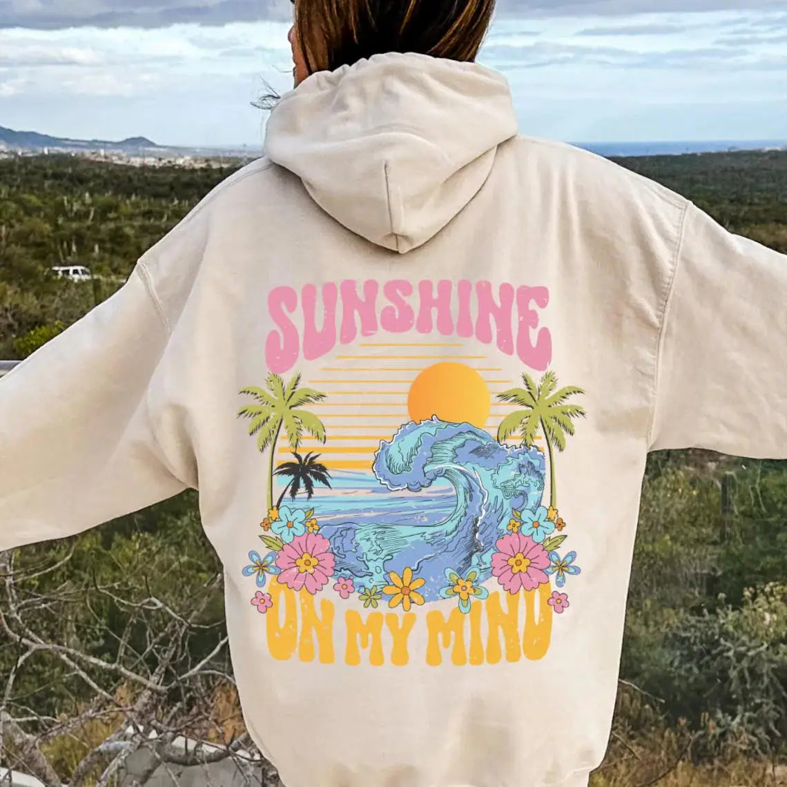 Beach Sunshine on my Mind Hoodie Sunset Oversize Hooded Sweatshirts Woman Aesthetic Long Sleeves Soft Crewneck Streetwear Clothe