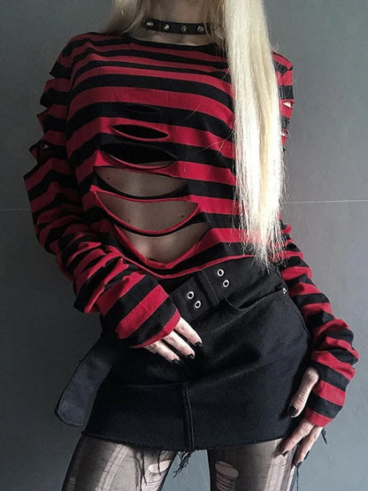 Harajuku Punk Style Crop Tops Dark Academia Striped Hollow Out T Shirt Cyber Mall Goth E-girl Long Sleeve Tees Grunge Clothes