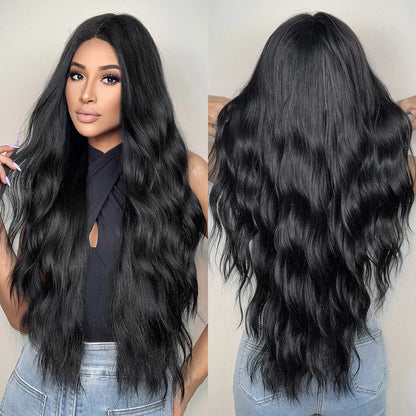 ALAN EATON Black Long Body Wavy Synthetic Wigs for Women Afro Natural Black Hair Wigs Middle Part Heat Resistant Fiber Daily Use