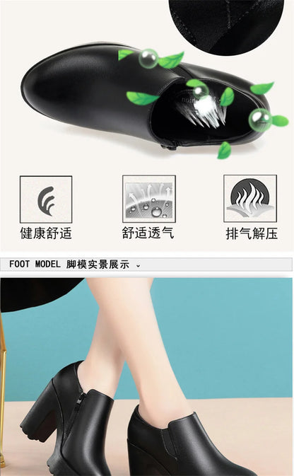 Comfortable Thick Bottom Deep Mouth Soft Leather Shoes 2024 Spring Block High Heels Single Shoes for Office Model Dance