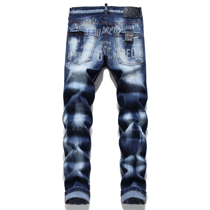 Light Luxury Men’s Slim-fit Stretch Blue Denim Pants,Printing Decors Scratches Ripped Casual Jeans,Stylish Sexy Street Jeans;