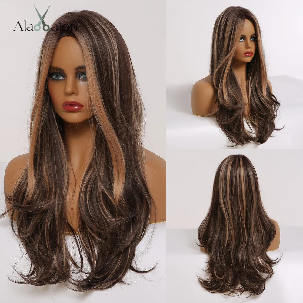 ALAN EATON Black Long Body Wavy Synthetic Wigs for Women Afro Natural Black Hair Wigs Middle Part Heat Resistant Fiber Daily Use